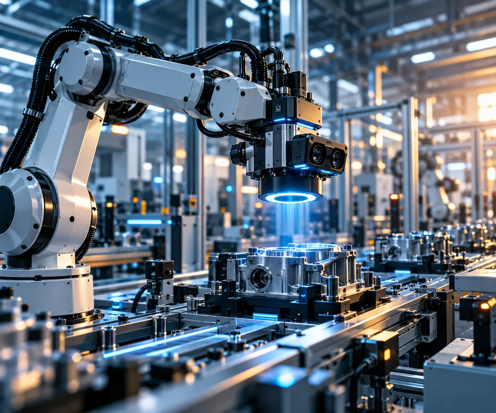 Robotic industrial equipment inspecting parts on an automated production line using computer vision